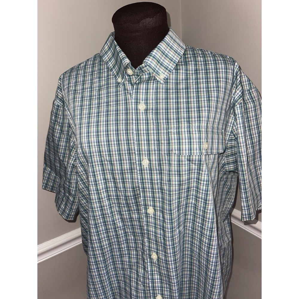 Duluth Trading Co Relaxed Fit Short‎ Sleeve Cotton Shirt Green Blue Plaid Mens L